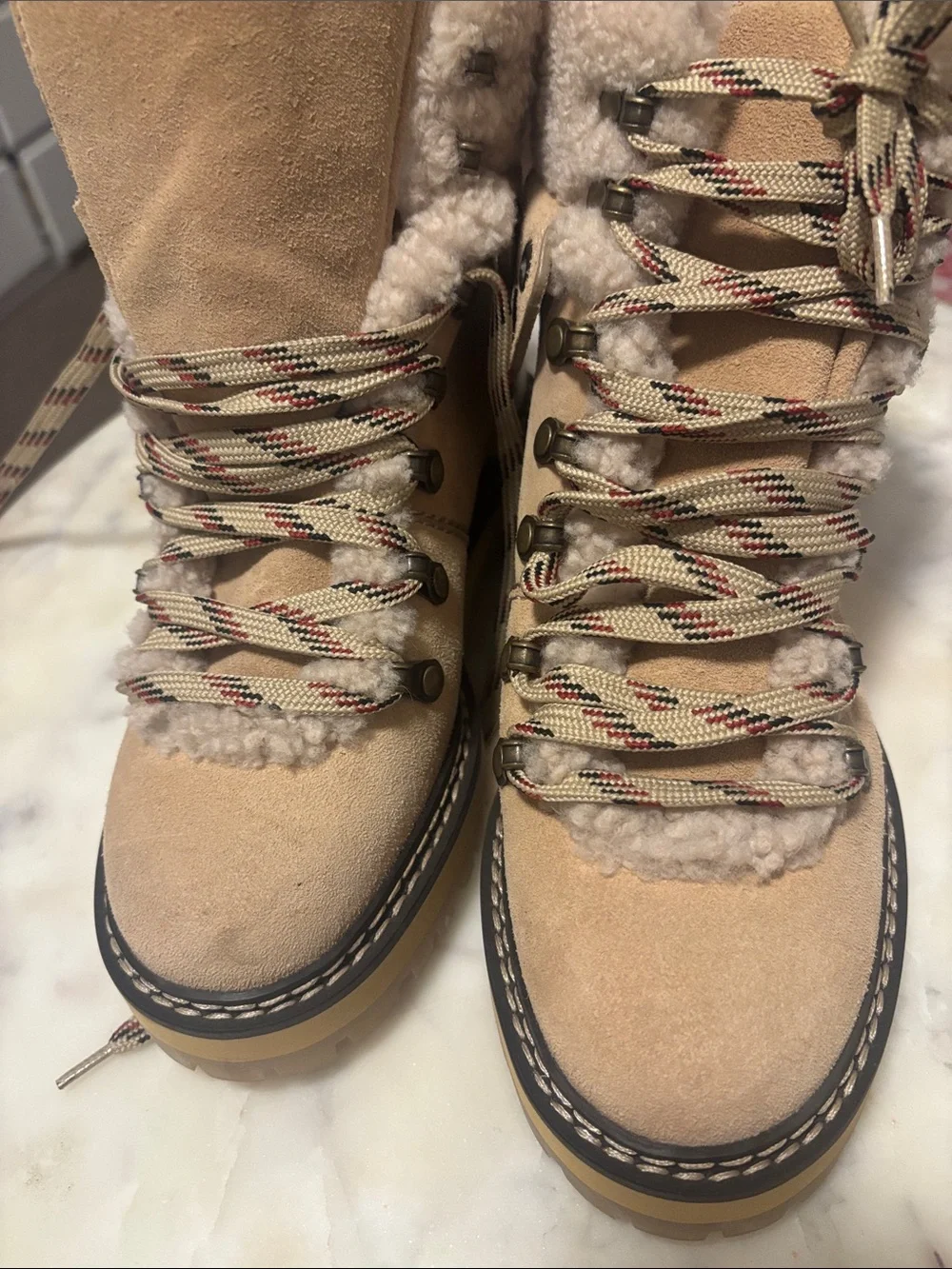 See By Chloe Suede Sherpa-Lined Hiker Boots - Beige